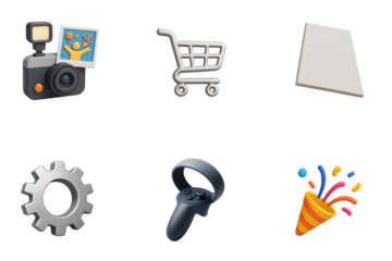 Collection of six modern 3d icons representing photography shopping settings virtual reality and celebration on a black background