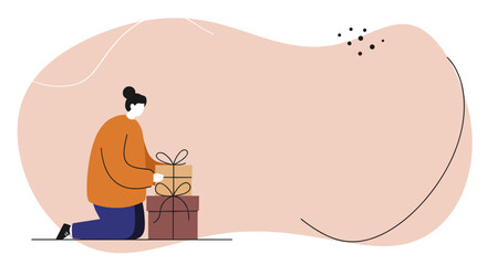 Person kneeling with a stack of beautifully wrapped gift boxes. Ideal for concepts of celebration, holidays, shopping, giving, and special occasions.