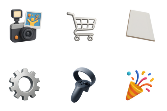 Collection of six modern 3d icons representing photography shopping settings virtual reality and celebration on a black background