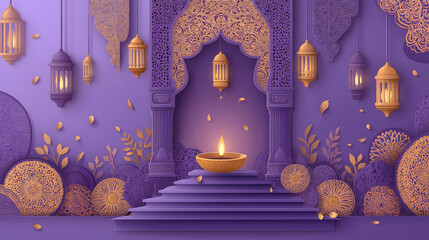 Obraz premium Diwali diya lamps burning on decorative purple background, Happy Diwali