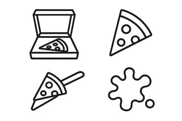 Outline vector icons set of pizza box opening, triangular pizza slice, serving spatula, and grease stain with transparent background, fast food delivery and serving concept