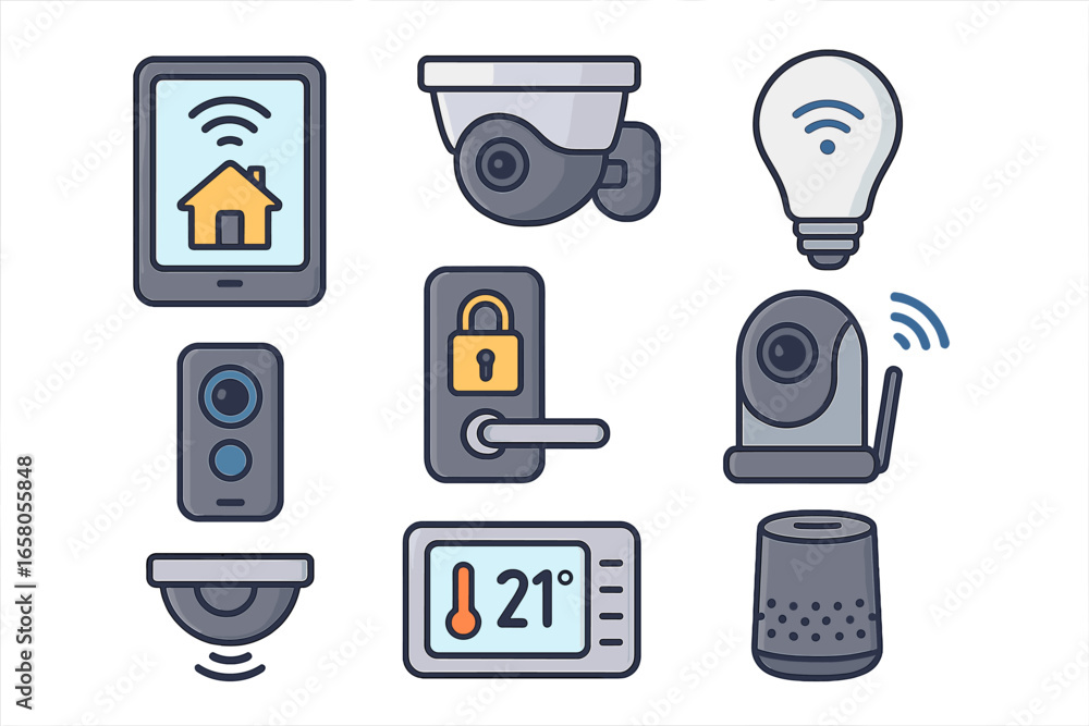 Poster smart home icon set. home automation technology elements. internet of things vector icons. security 