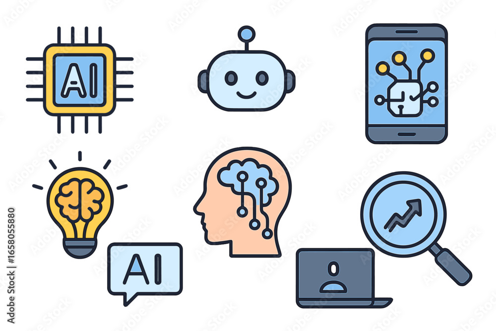 Aufkleber artificial intelligence icon set. ai technology concepts. machine learning, chatbot robot, data anal