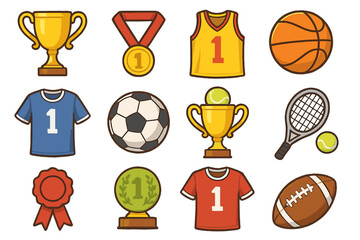 Sports icon set. Vector illustration collection of trophy, medal, jersey, and balls for soccer, basketball, tennis, and football. First place winner concept. Cartoon clip art.
