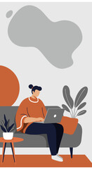 Woman working remotely on laptop at home, sitting comfortably on a sofa. Ideal for concepts of productivity, digital nomad lifestyle, and flexible work.
