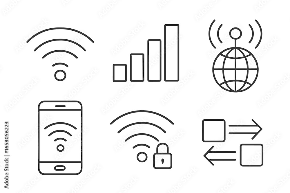 Poster wireless connectivity line icon set. wi-fi signal, mobile data, secure network, internet globe, and 