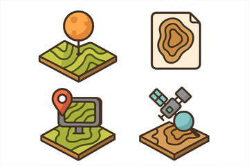 Isometric Vector Icon Set of Planetary Surface Mapping Tools with Topographic Map, Elevation Contour Lines, and Geospatial Analysis Instruments for Space Exploration and Cartography