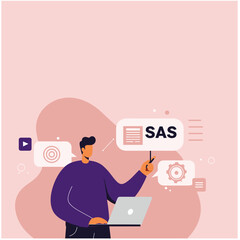 Man with laptop presenting data analytics or business intelligence concepts with SAS software. Ideal for technology, education, and corporate business.