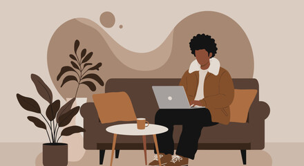 Young man working remotely on his laptop from a comfortable sofa, representing flexible home office, productivity, and a relaxed digital lifestyle.