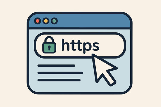 HTTPS protocol for secure web browsing. SSL certificate for safe data encryption. Cybersecurity concept. Browser window with padlock icon. Online privacy and protection. Vector.
