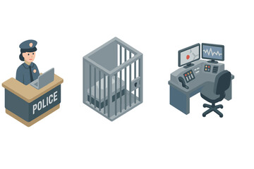 Isometric flat vector icons of police station interiors including reception desk, holding cell with bars, dispatch console, security office, law enforcement facilities, public safety design elements