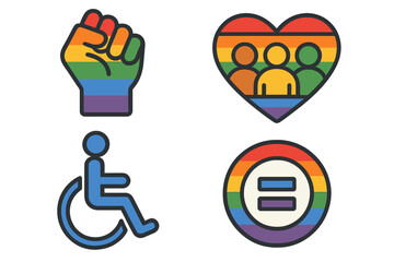Vector icon set for LGBTQ pride, diversity, and inclusion. Symbols of equality, accessibility, and community support. Rainbow flag fist, heart, wheelchair, and equal sign icons.