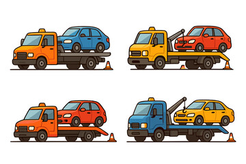 Tow trucks transporting vehicles at roadside assistance scene during daytime, cartoon vector illustration set showing vehicle rescue, emergency service, and towing operation on transparent background