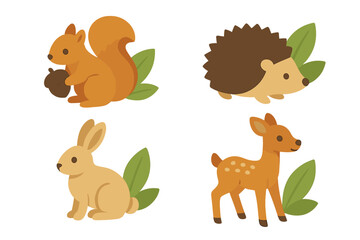 Naklejka premium Cute Woodland Animal Icons Set. Isometric Vector Illustration of Forest Creatures with Leaves. Squirrel Holding Acorn, Hedgehog, Rabbit, Fawn Deer. Children’s Nature, Wildlife Design Elements for Kids