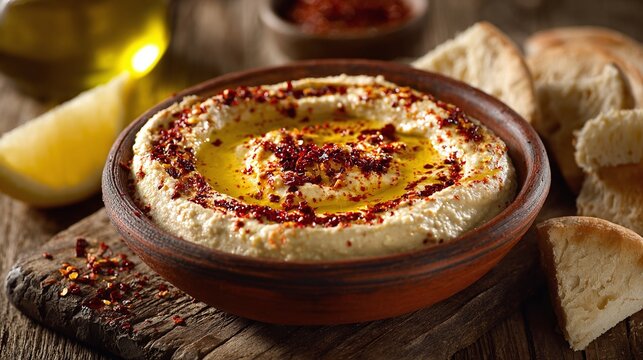 Hummus Bowl: Creamy chickpea dip topped with chili flakes and olive oil, served with lemon and pita bread on a rustic wooden board.