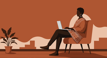 Confident African American woman works on laptop in a cozy, modern home setting, symbolizing remote work and digital lifestyle.