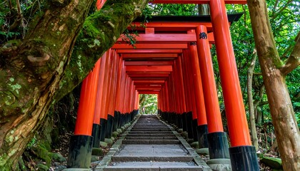 Vibrant Red Torii Gates Path Leading Through Lush Green Forest in Japan.