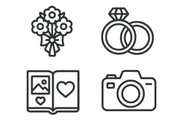 Wedding photography icons set. Outline vector collection of bridal bouquet, wedding rings, photo album with hearts, and professional camera illustration for wedding services and events