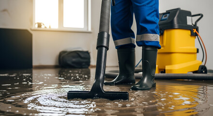 Water Damage Restoration Worker Vacuuming Floodwater After Burst Pipe in a Home
