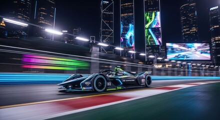 Electric race car on city track at night