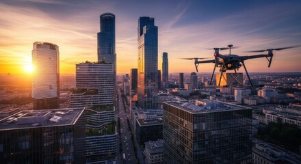 Fototapeta premium Drone delivery over cityscape at sunrise