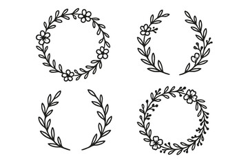 Set of hand-drawn floral wreaths and laurel frames. Minimalist botanical circle borders with flowers and leaves. Elegant sketch collection for wedding invitation, logo design, decor.