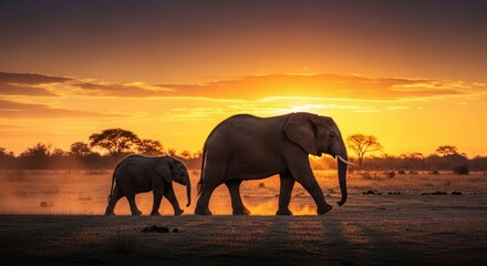 Elephants walk at sunset
