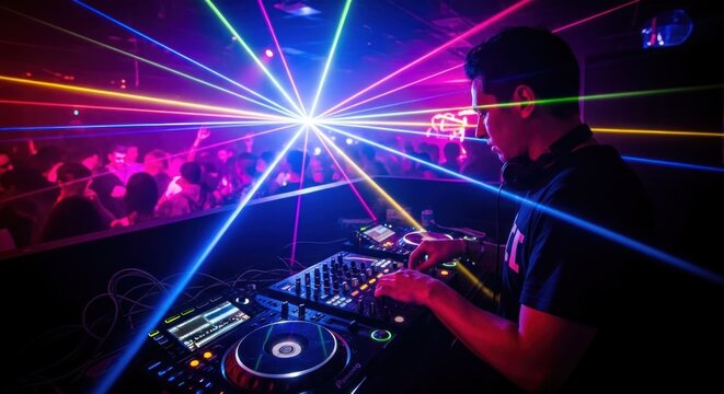 DJ mixes music under vibrant laser lights in club