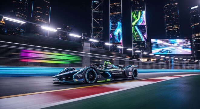 Electric race car on city track at night