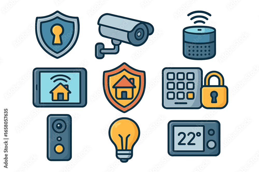 Aufkleber smart home technology icons set. vector illustration of security and automation devices. internet of