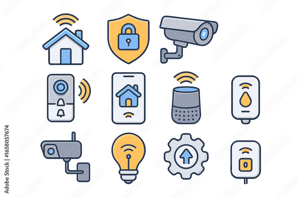 Aufkleber smart home technology icon set. home automation system with wireless devices. internet of things con