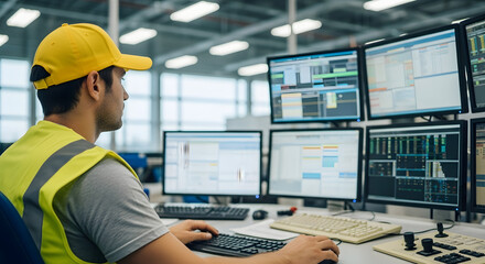 Worker Monitoring Industrial Processes at Computer Workstation in Control Room
