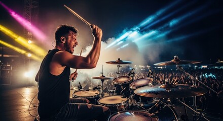 Energetic drummer performing on stage