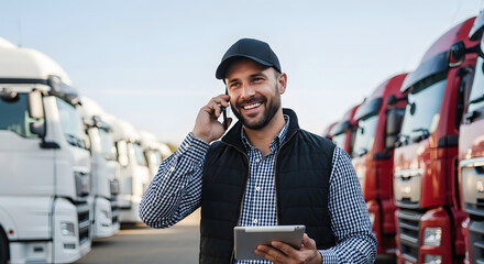 Confident Truck Driver Communicates Near Vehicle Fleet with Mobile Tech and Professionalism
