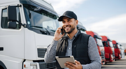 Truck Driver Communicating While Holding Tablet in Front of Fleet Trucks