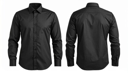 Front and back views of a classic black long sleeved dress shirt on white background