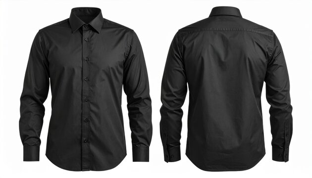 Front and back views of a classic black long sleeved dress shirt on white background