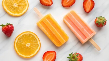 Bright fruit popsicles isolated on white — sweet strawberry and citrus orange flavors