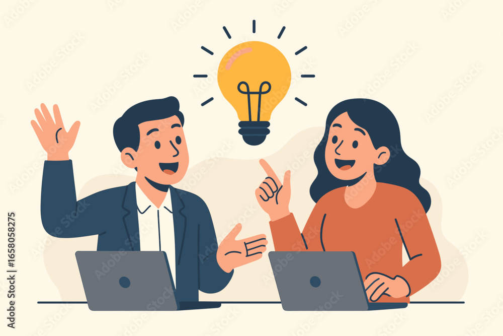 Poster teamwork creating a big idea. business colleagues brainstorming at work with laptops. creative man a