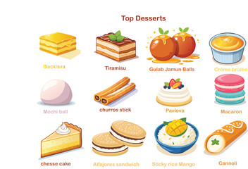 A colorful illustration showcasing a variety of popular desserts, each with a label.