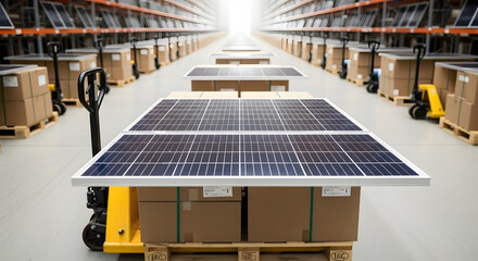 Solar Panels on Pallet Jacks in Warehouse Aisle Energy Efficient Future Storage