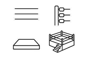 Wrestling ring equipment vector illustration. Outline icons of wrestling ring components, ropes, turnbuckle pads, ring mat, steel steps. Championship sports arena icon set for combat sport themes.
