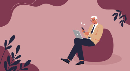 Senior man confidently uses laptop and smartphone on a comfy bean bag, embracing remote work and digital connectivity. Modern lifestyle.