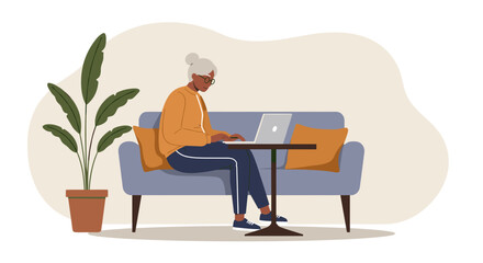 Senior woman confidently working on her laptop from a comfortable home setting, embracing technology and remote productivity. Ideal for lifestyle and business concepts.