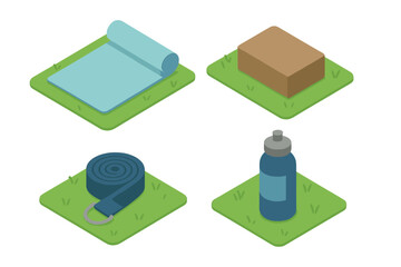 Isometric yoga icon set for flexibility and exercise in the park featuring yoga mat on grass, yoga block, yoga strap, and water bottle. Flat vector illustration for wellness and fitness concepts.