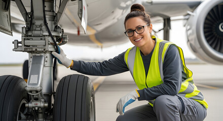 Aircraft Maintenance Professional Inspecting Landing Gear with Confidence and Expertise