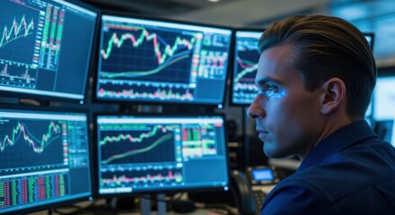 Focused man monitors multiple financial charts on screens