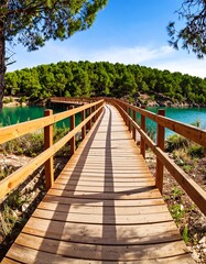 Fototapeta premium Wooden boardwalk path through forest to lake