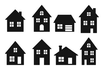 Fototapeta premium Minimalist vector house silhouettes set. Diverse modern and classic home designs for architecture, real estate, construction, advertisement, infographic, web icons, decor, and illustration projects.