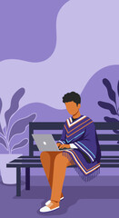 Person working on a laptop outdoors on a bench, reflecting remote work, digital nomad lifestyle, and technology integration in a purple setting.